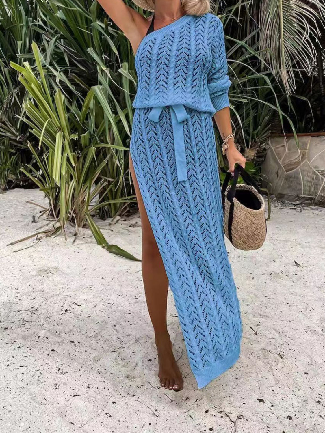 Slit Openwork Single Shoulder Knit Dress - store name
